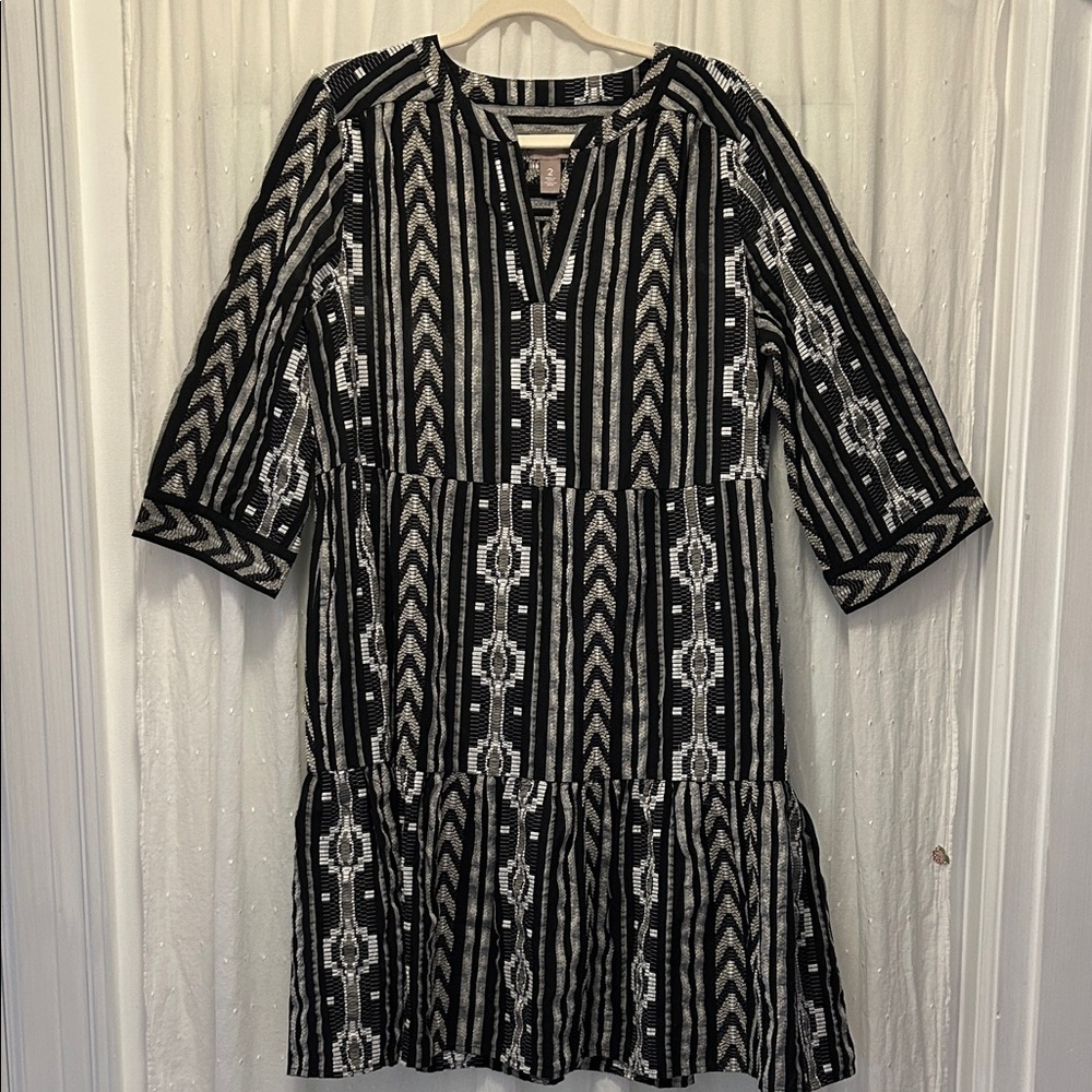 Chico's Black/White Aztec 3/4 Sleeve Tiered Dress Women’s Large